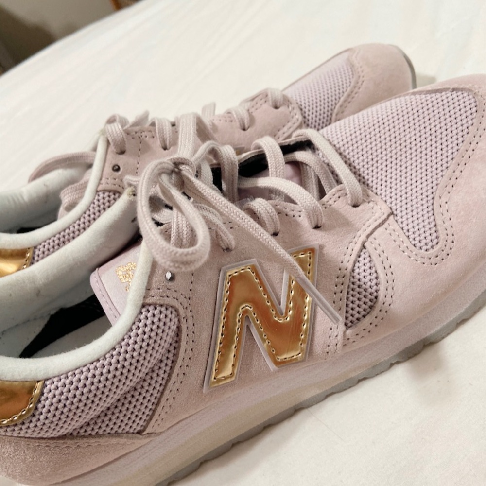 pink and gold new balance shoes